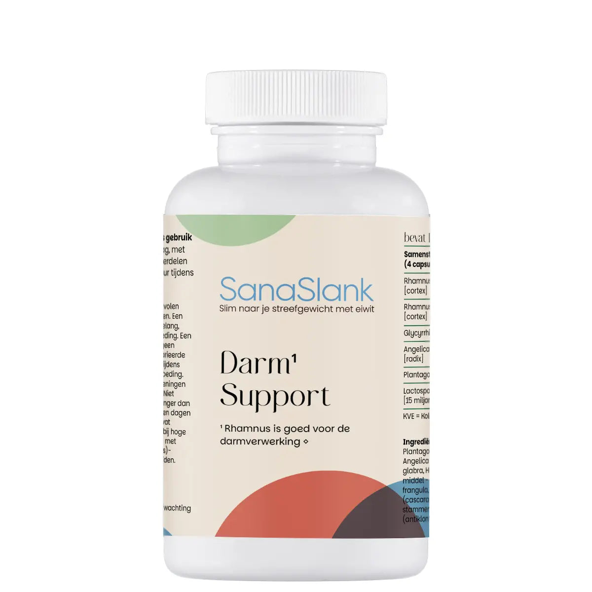 SanaSlank darm Support pot met label vermelding Psyllium Rhamnus en Lactospore probiotica