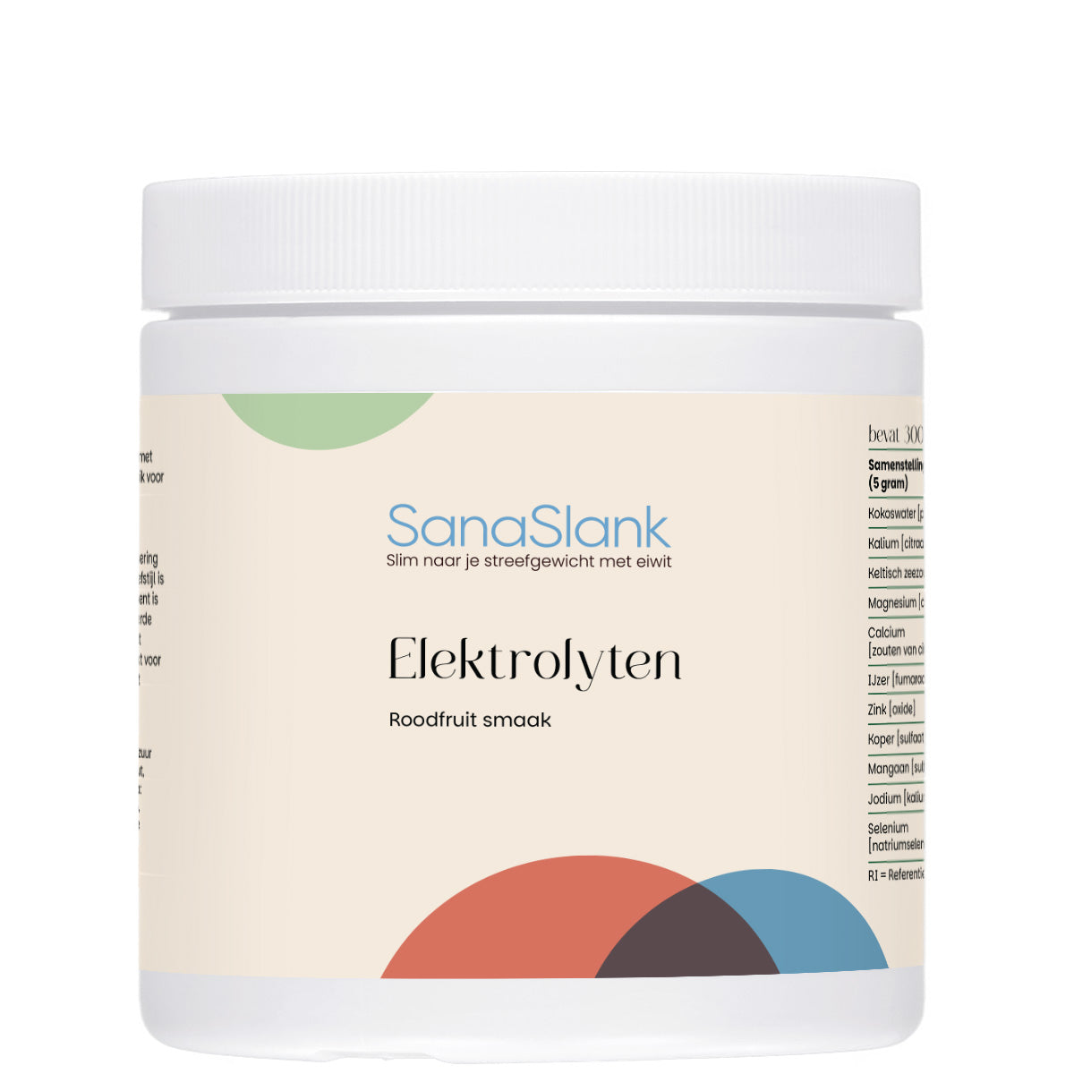 Sanaslank Elektrolyten (roodfruit) poeder verpakking met roodfruit smaak vermelding Keltisch zeezout kokoswaterpoeder 5 g dosering