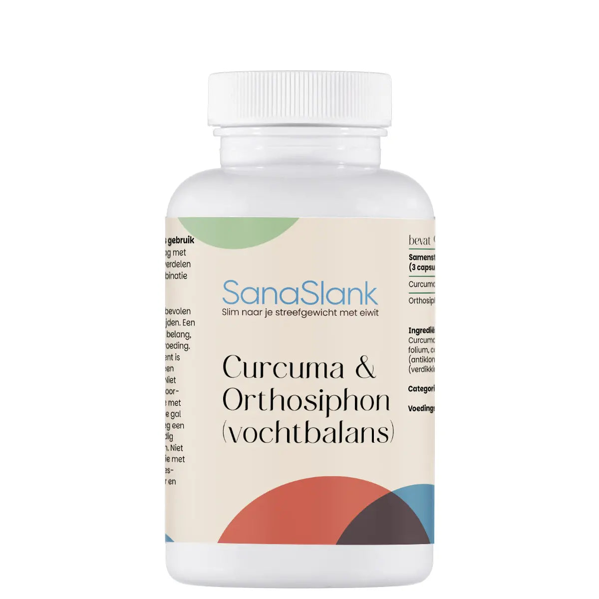 SanaSlank vochtbalans kurkuma verpakking met curcuma en orthosiphon vermelding 600 mg per dagdosering