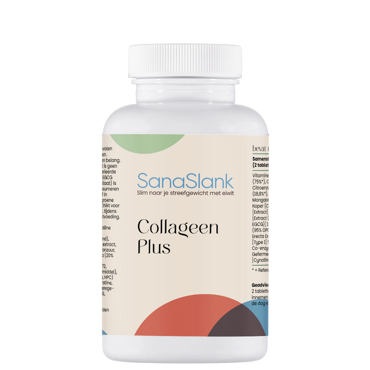 Sanaslank Collageen Plus 60 tabletten flesje met etiket collageen type I hyaluronzuur keratine en CoQ10