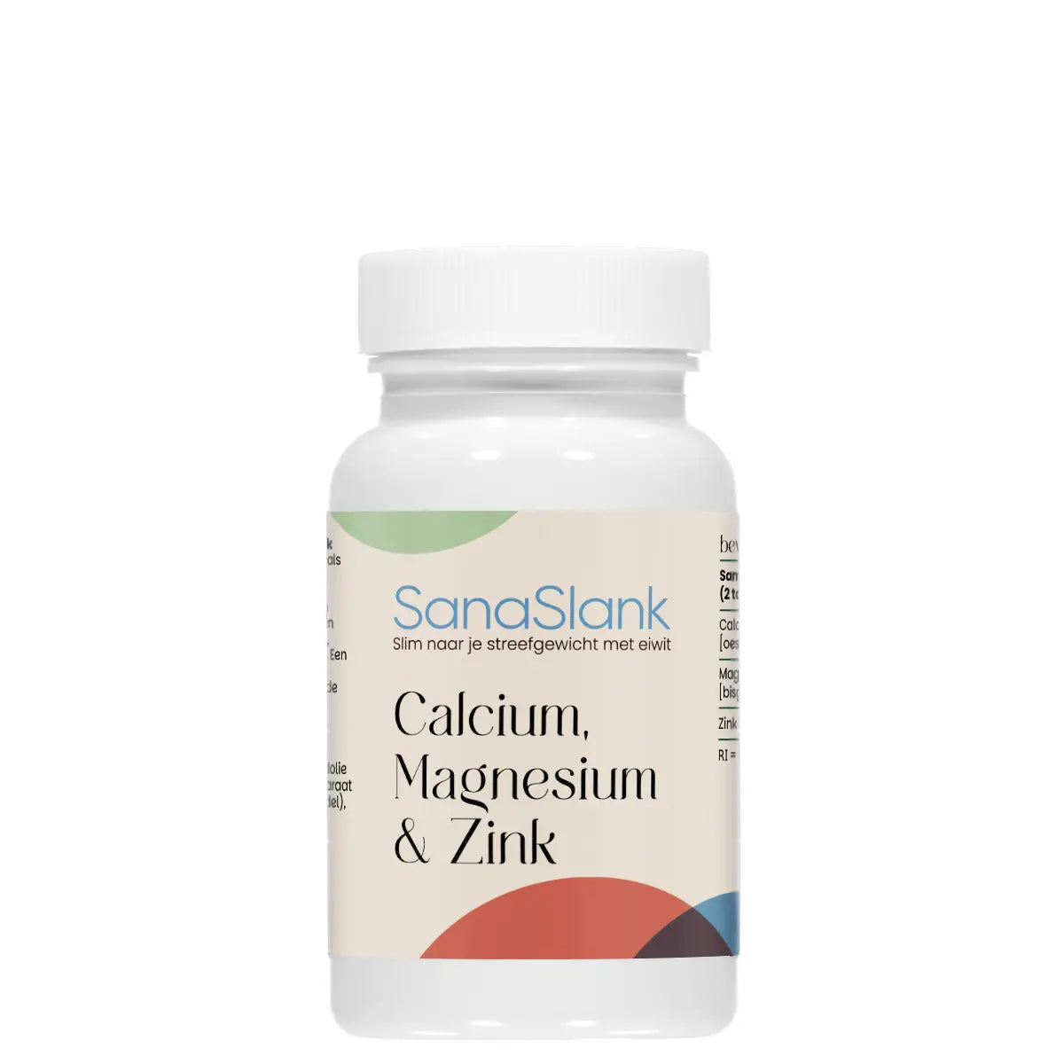 SanaSlank Calcium Magnesium Zink 30 tabletten verpakking vermeldt calcium uit oesterkalk en actieve organische verbindingen
