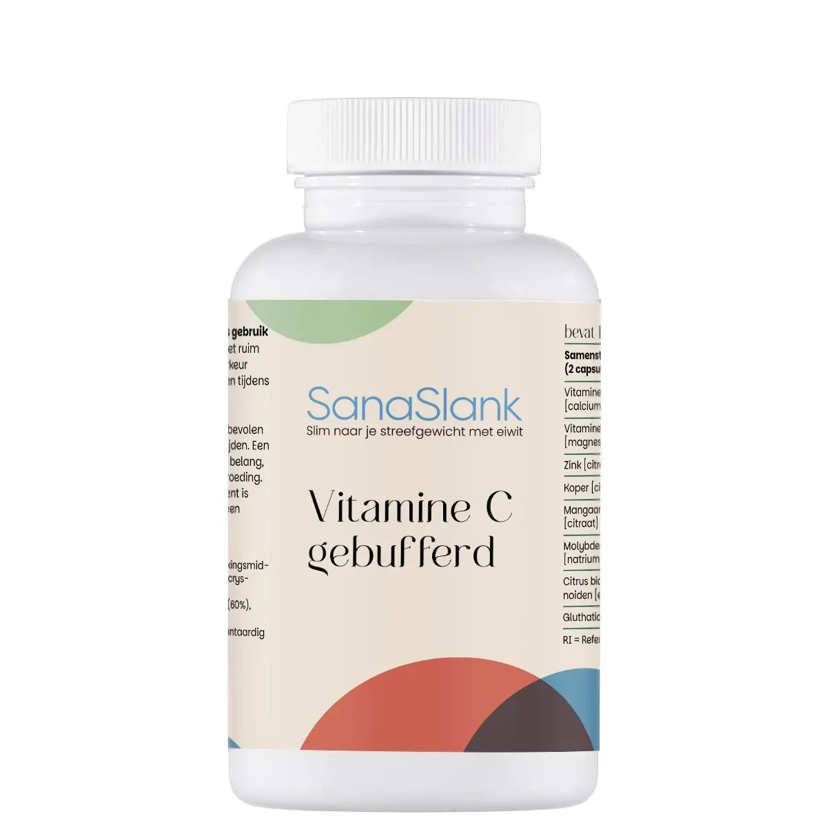 SanaSlank Ester-C gebufferde vitamine C verpakking met capsules label mild voor de maag