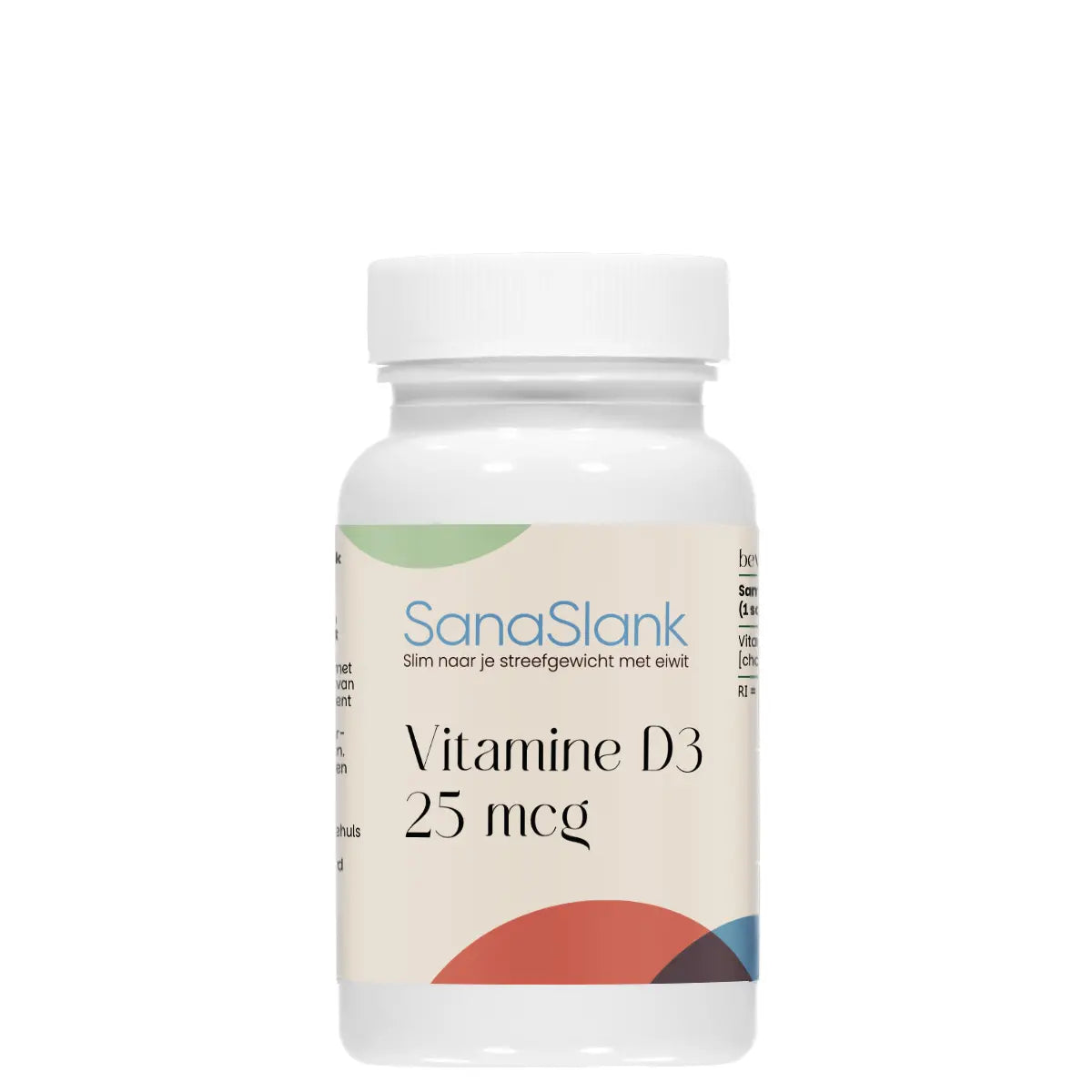 SanaSlank Vitamine D3 25 mcg flesverpakking met vermelding ondersteuning calciumopname weerstand spierfunctie