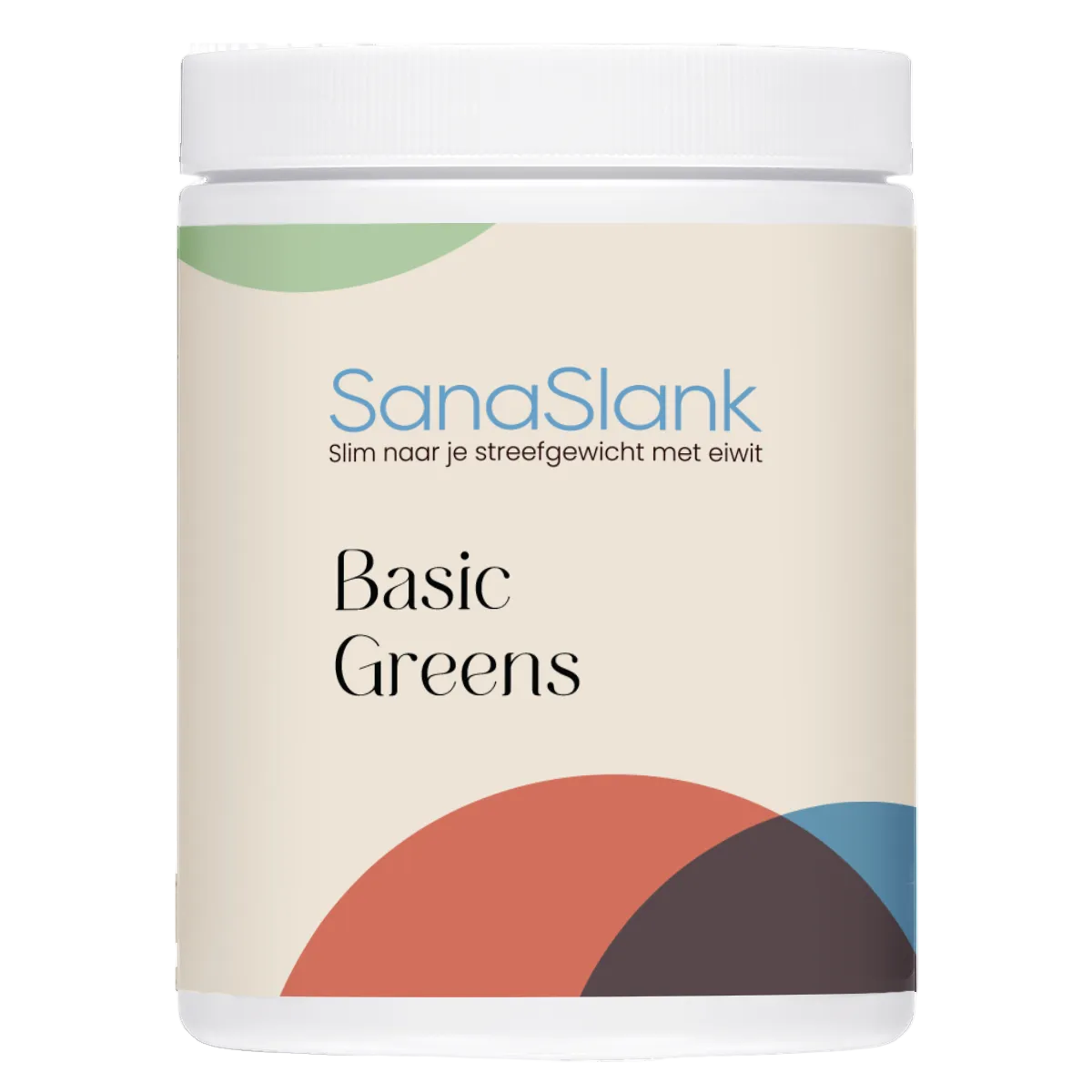 Sanaslank Basic Greens verpakking met groen poeder label Lactospore Digezyme 4,5 g vezels 19 kcal per dosering