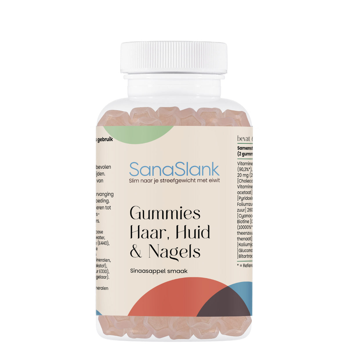 Sanaslank gummies Haar Huid & Nagels pot 60 st plant based sinaasappelsmaak etiket vermeldt biotine