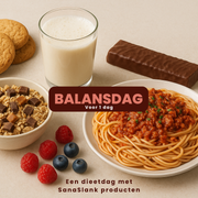 Sanaslank Balansdag pakket met shakepakjes maaltijden knapperige snacks en fatburner boost op tafel