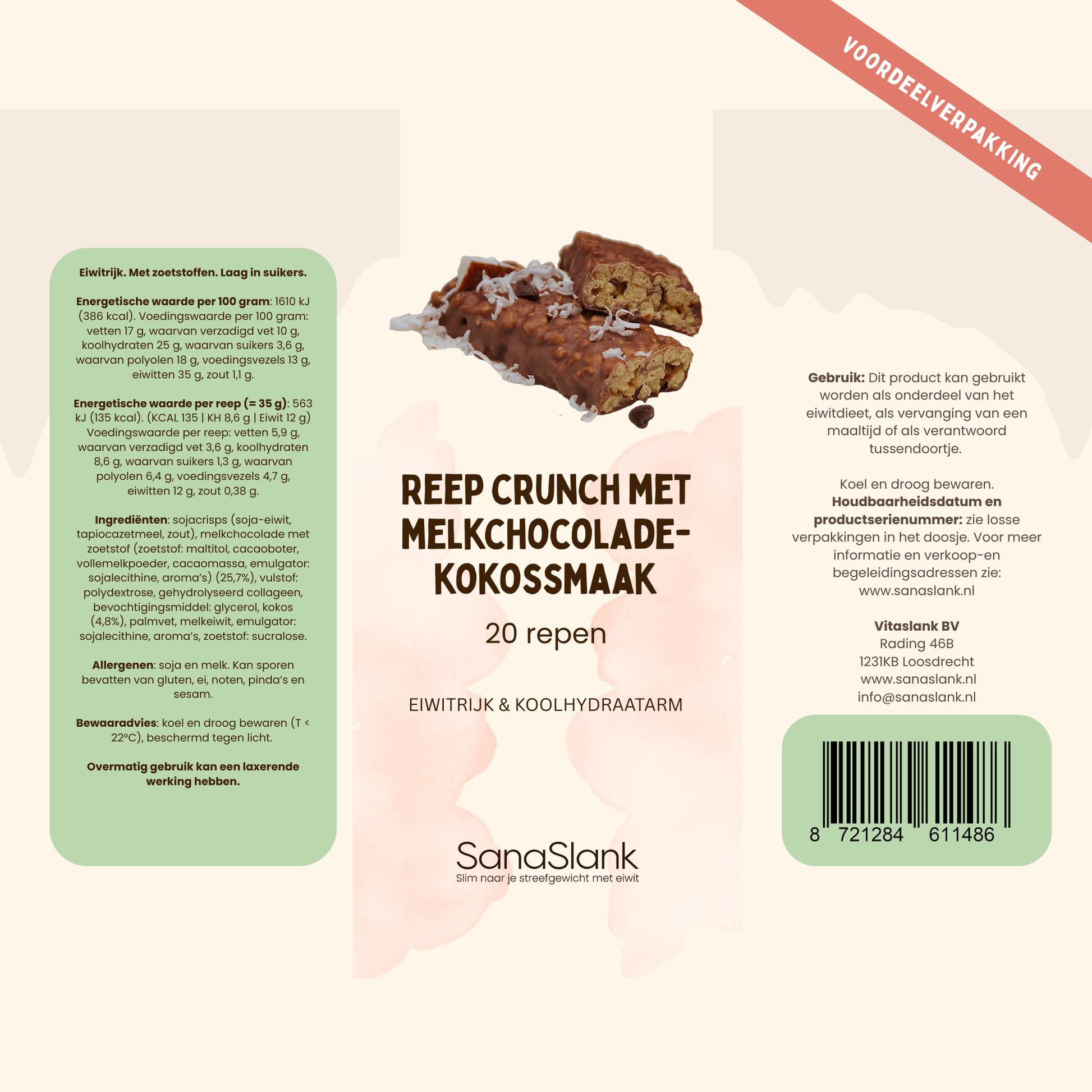 SanaSlank Kokos Crisp XXL pak 20 proteïne repen met melkchocolade laag en knapperige crispies