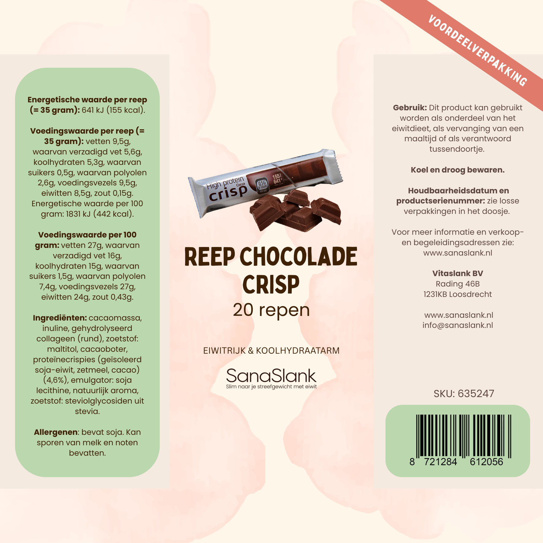 Sanaslank XXL Pakket 20x Puur Crisp repen 35 g per reep pure chocolade met knapperige crisps verpakking