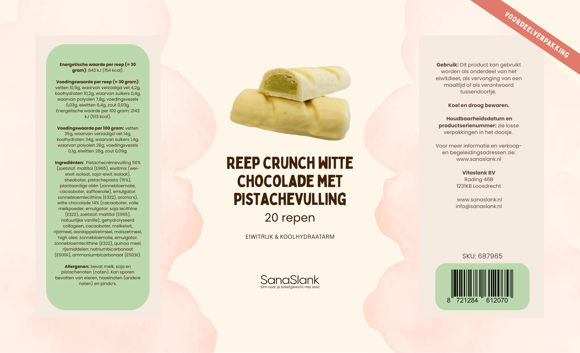 XXL pakket 20 repen Crunch Witte Chocolade Pistache 30g krokante wafer romige pistachevulling witte chocolade gezoet met maltitol