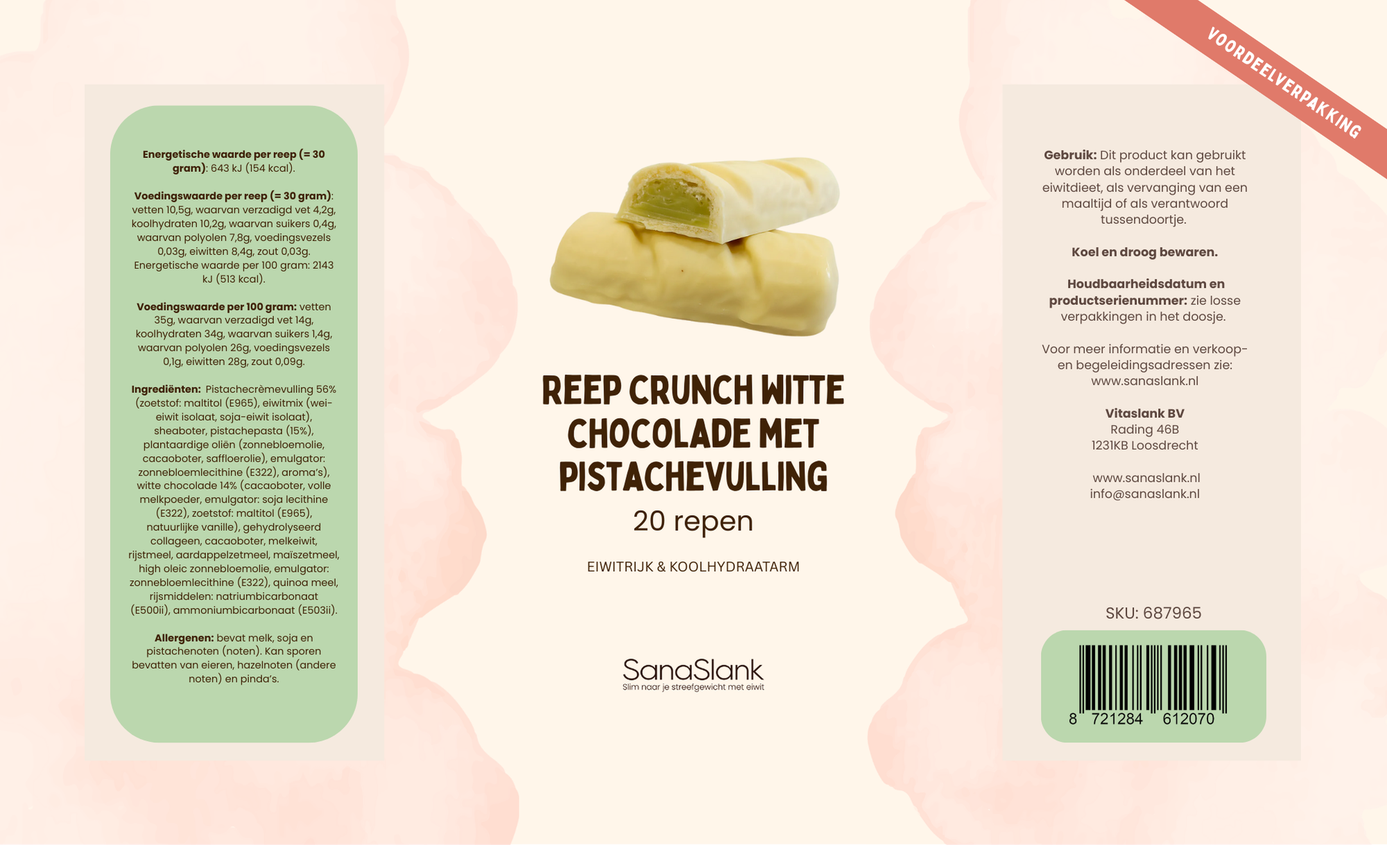 XXL pakket 20 repen Crunch Witte Chocolade Pistache 30g krokante wafer romige pistachevulling witte chocolade gezoet met maltitol