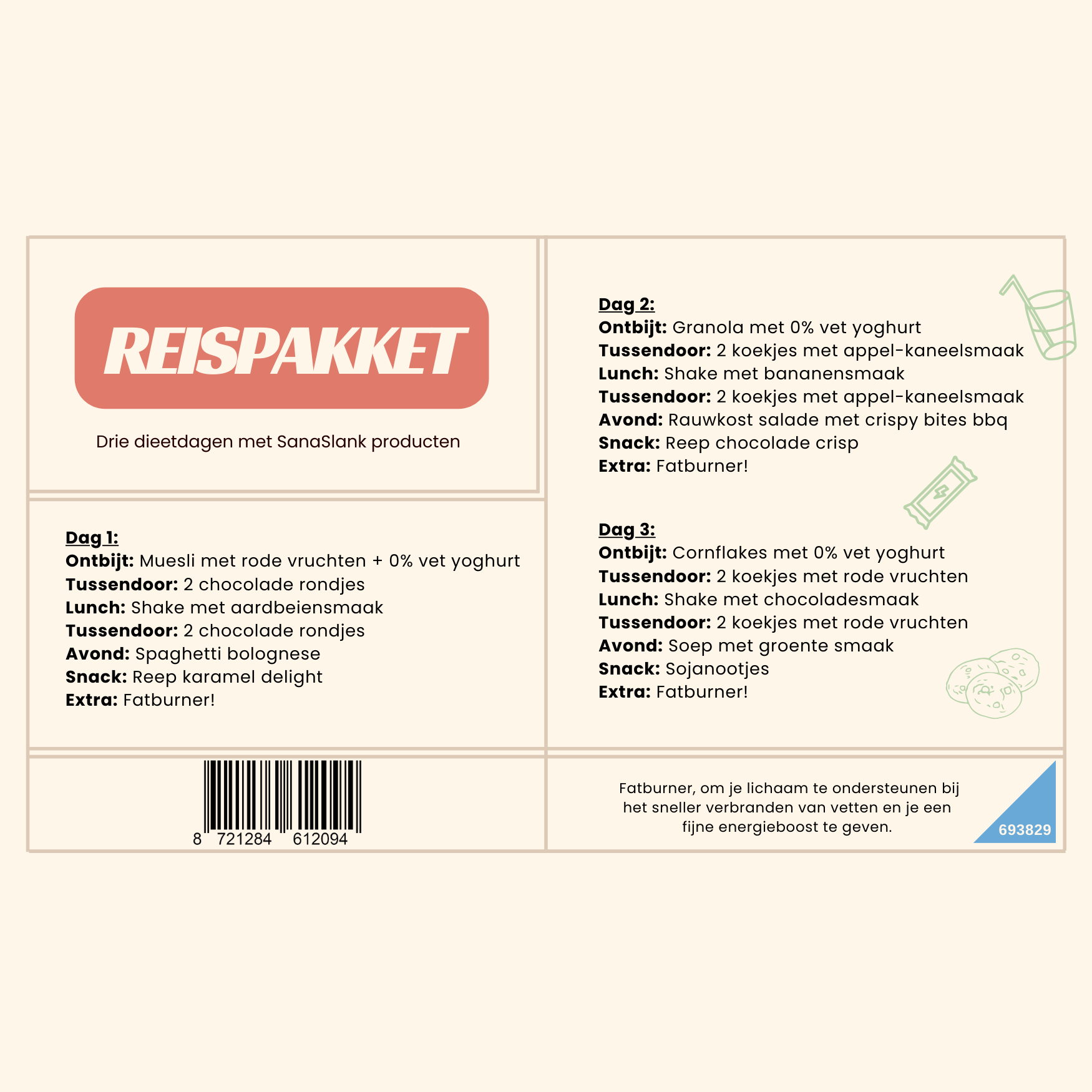 Sanaslank Reispakket 3 dagen met verpakte complete maaltijden snacks en dagelijkse fatburner compact verpakt