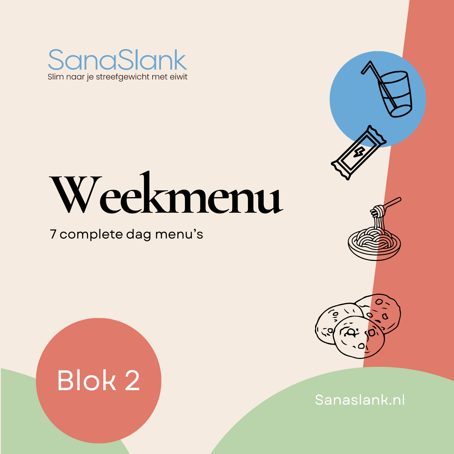 Sanaslank dieetbox Blok 2 weekpakket met merkdoos, eiwitmaaltijdzakjes en weekmenu brochure voor koolhydraatarm afslanken
