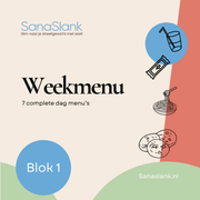 Sanaslank Weekpakket Blok 1 doos met eiwitsachets, repen en gedrukt weekmenu op witte achtergrond