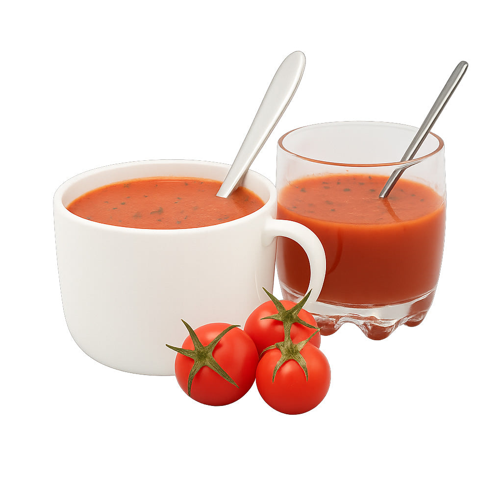 Sanaslank glutenvrije eiwitrijke tomatensoep verpakking 5 zakjes met vermelding 60 g eiwit per 100 g en vetarm label
