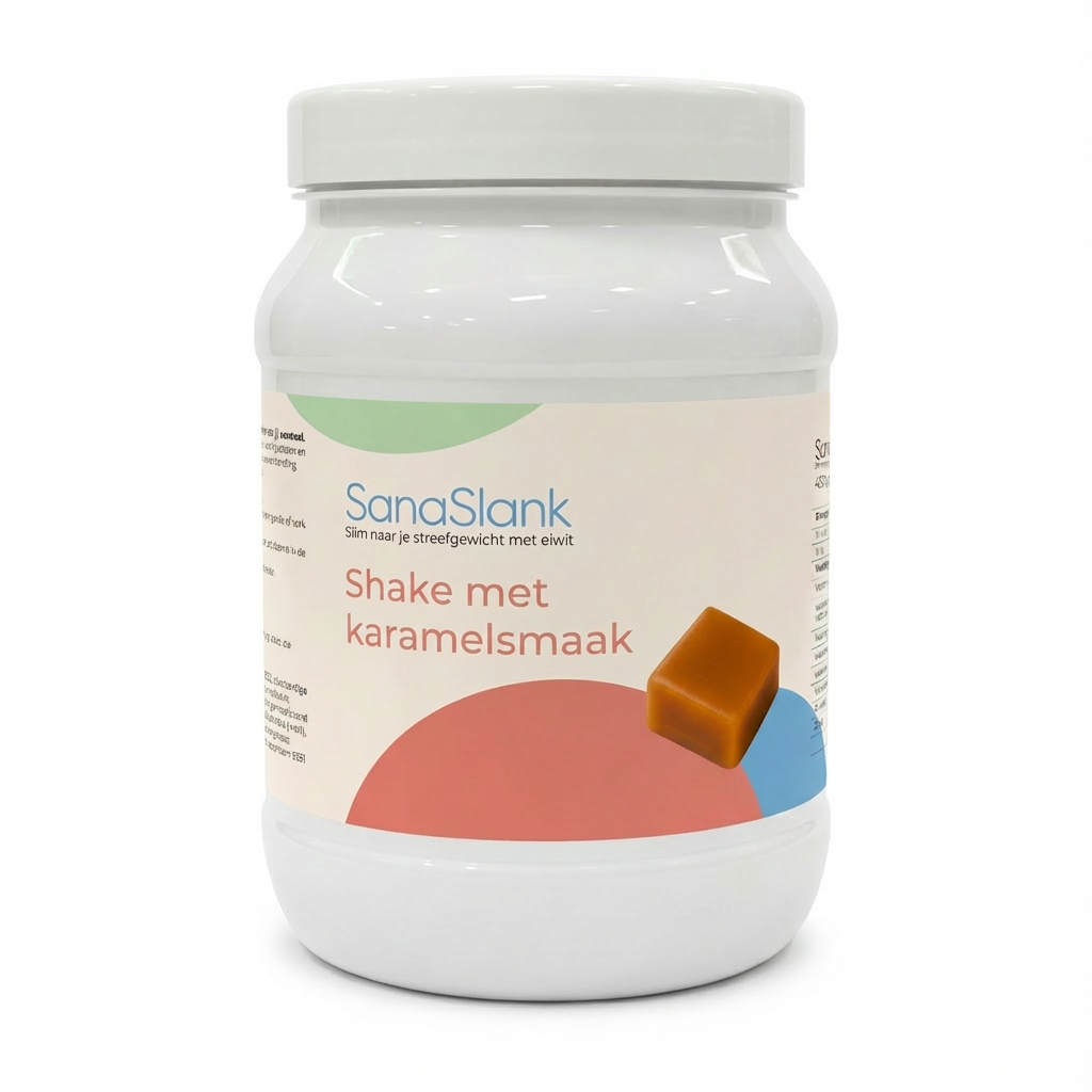 Sanaslank Karamel Shake voordeelpot 450 g verpakking met 18 porties 18 g eiwit 2 g koolhydraten glutenvrij