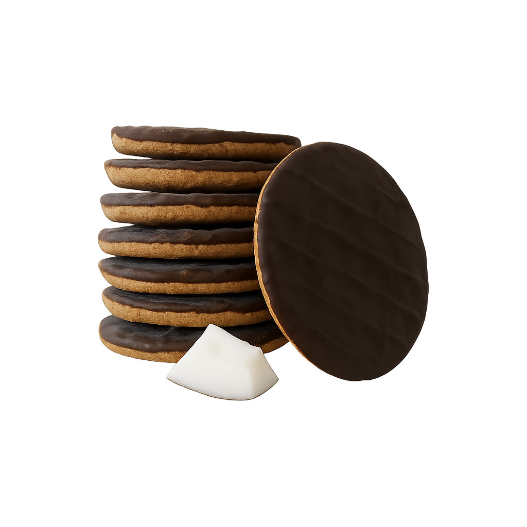 Sanaslank Chocolade-Kokos Biscuit verpakking 4 zakjes knapperig kokosbiscuit met pure chocolade 25 g eiwit per 100 g
