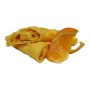 Eiwitrijke pannenkoek sinaasappelsmaak verpakking 5 zakjes etiket met voedingswaarden en bereidingsinstructie