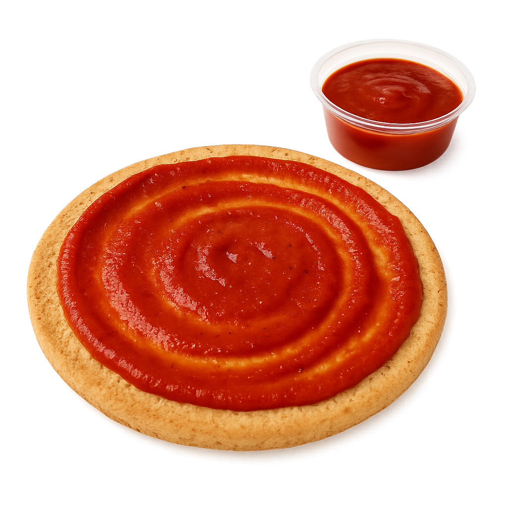 Sanaslank Pizzabodem 50 g naast 110 g tomatensaus met oregano etiket Eiwitrijk Low Carb