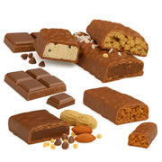 Sanaslank proefpakket met 7 chocolade-eiwitrepen verpakkingsdoos toont zeven smaken label eiwitrijk glutenvrij low carb