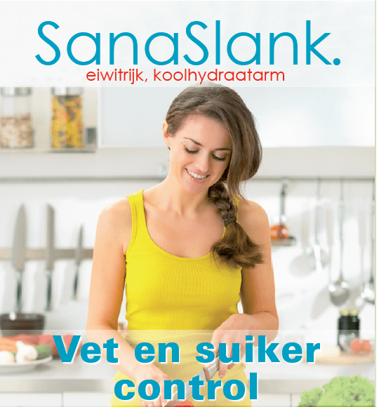 SanaSlank vet en suikercontrol supplement verpakking met vermelding gepatenteerd ID-alG remt amylase en lipase