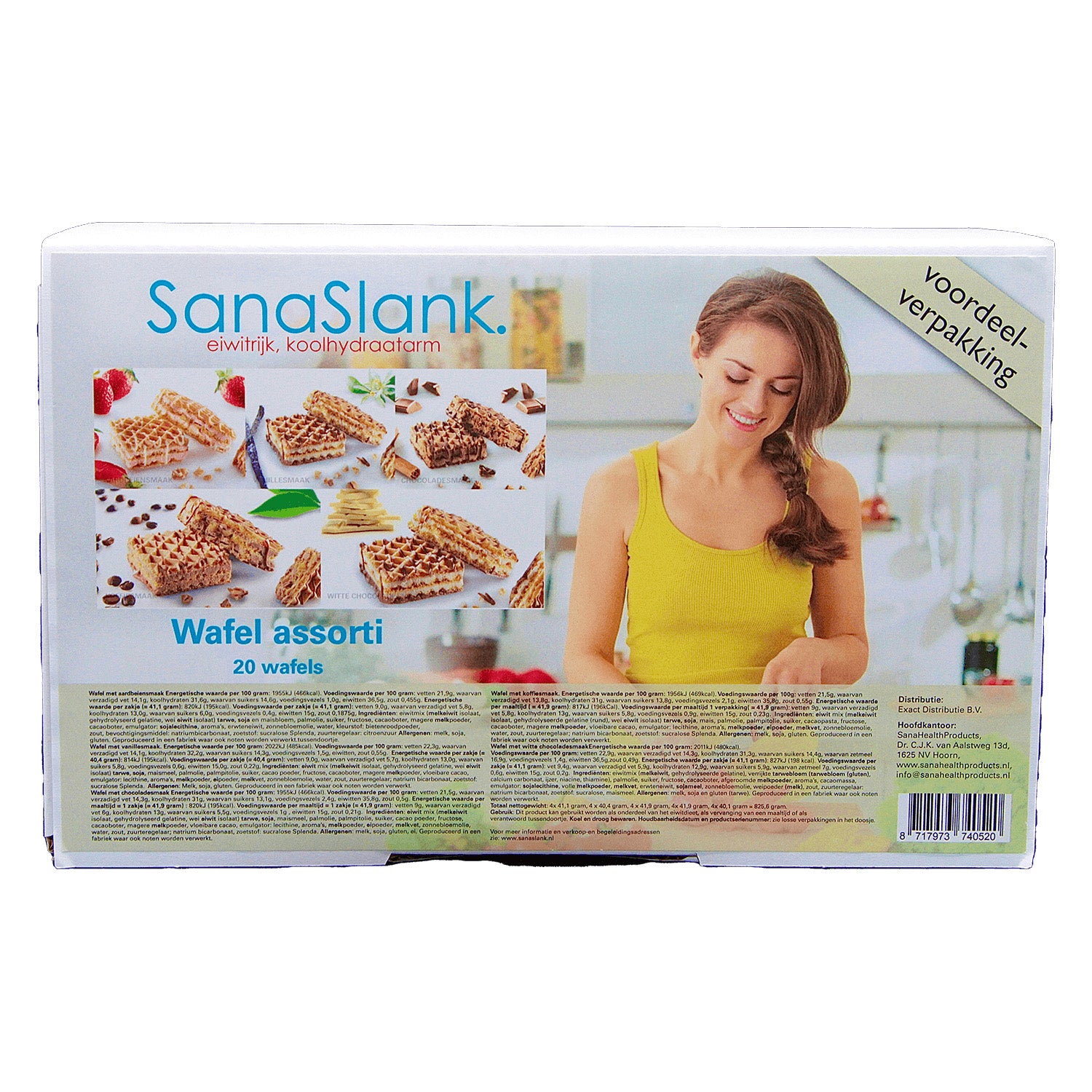 SanaSlank XXL voordeelassortiment wafels 20 verpakkingen 4 smaken 2 wafels per verpakking eiwitrijk koolhydraatarm